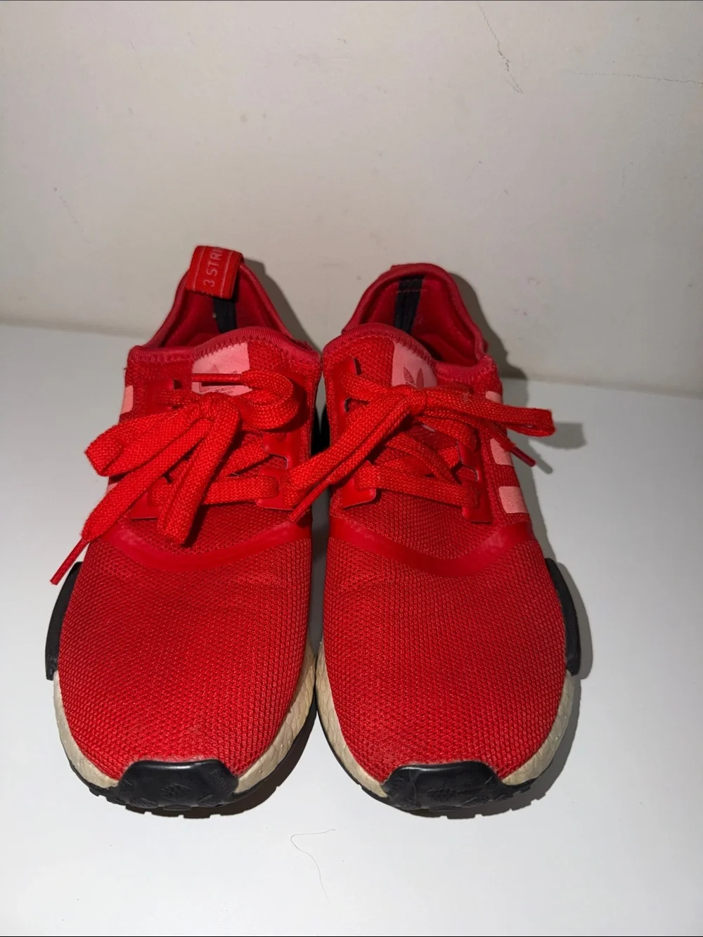 adidas men’s Red Sneakers with Pink Stripe Accents